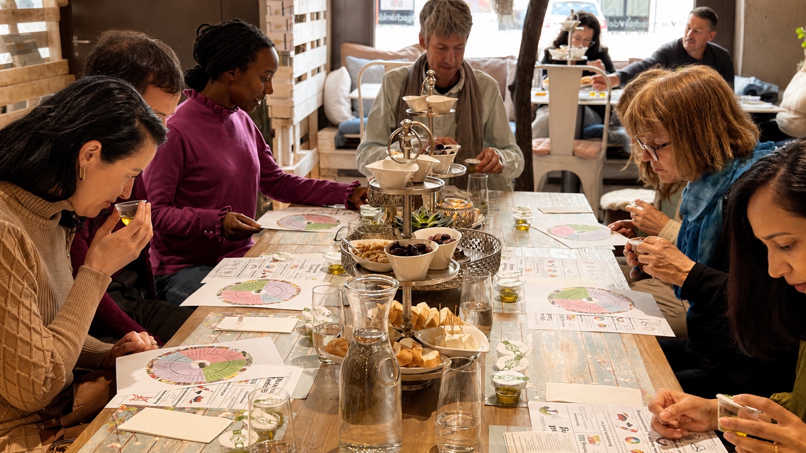 Guests comparing olive oils together around an Olive Love tasting table.